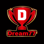 Dream77 game logo with red trophy icon and white D, premium golden border on black background